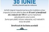 Termenul limită de achitare a impozitului pe bunurile imobiliare pentru persoanele care doresc să beneficieze de reducere de 15% a fost extins!